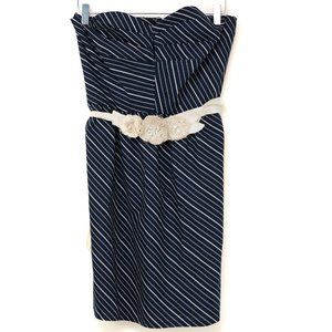 Judith March Strapless Dress Mini Stripe Sash Floral Appliqué Blue White Large